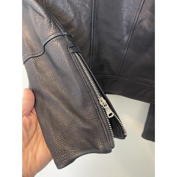 Massimo Dutti Leather Asymmetrical Zip Moto Biker Jacket Navy Women's Size M - Picture 4 of 12